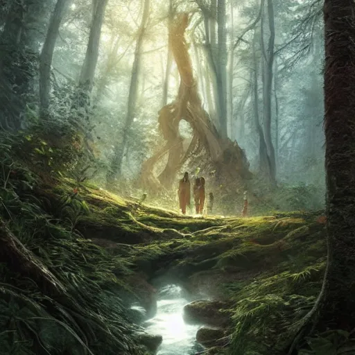 Image similar to a man gets lost in the forest 1 0, 0 0 0 years ago, realistic, high definition, 4 k, shimmering color, hyper detailed, art of greg rutkowski and magali villeneuve and artgerm