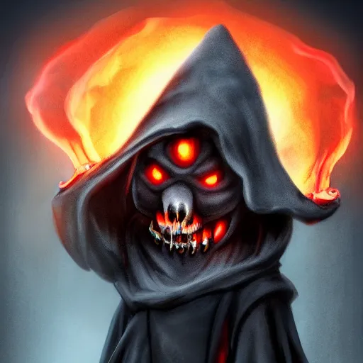 Image similar to a ghostly anthropomorphic rat with skull face and glowing red eyes wearing black tattered robes and holding two blue flames, grim reaper except a rat, photorealistic, artstation