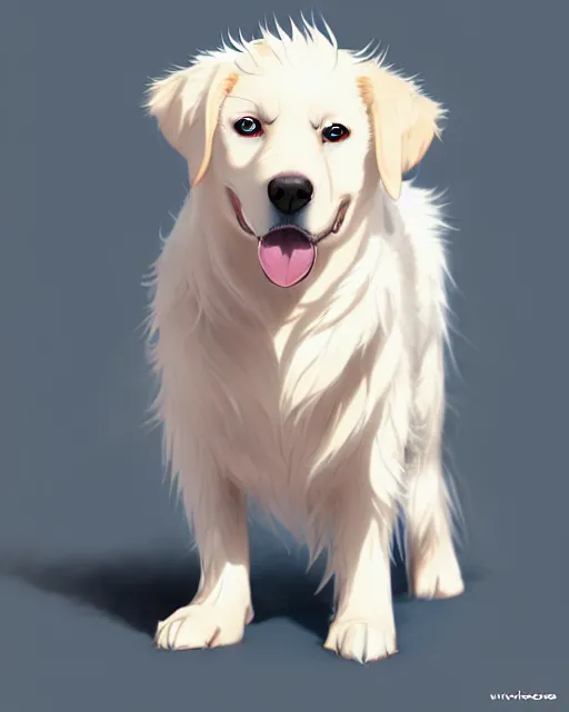 Image similar to character concept art of an anime white golden retriver | | cute - face, fine details by stanley artgerm lau, wlop, rossdraws, james jean, andrei riabovitchev, marc simonetti, and sakimichan, tranding on artstation