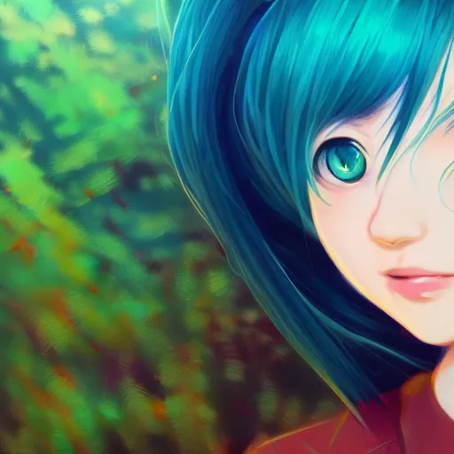 Prompt: portrait of Hatsune Miku, forest background, rich vivid colors, ambient lighting, dynamic lighting, 4k, HQ, official media, anime key visual, makoto shinkai, ilya kuvshinov, lois van baarle, rossdraws, detailed, trending on artstation