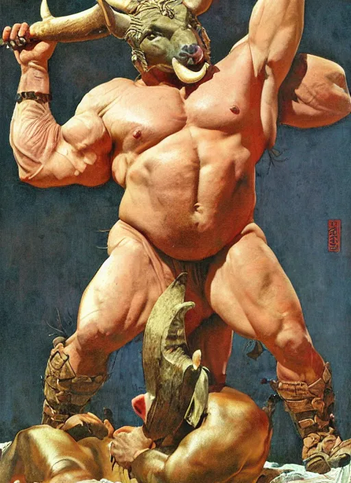 Prompt: full body portrait of dorian yates with the head of a bull as the greek minotaur, dynamic action, by norman rockwell and jesper ejsing and tom lovell and frank schoonover