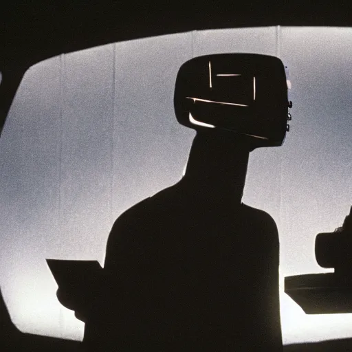 Prompt: movie scene of a man with a robot head, movie still, cinematic composition, cinematic lightning, Movie by David Lynch and Andrzej Żuławski