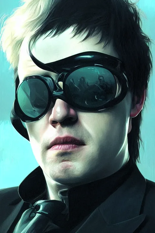 Prompt: Boris Johnson as Neo from The Matrix, portrait, black sunglasses, highly detailed, digital painting, artstation, concept art, smooth, sharp focus, illustration, cinematic lighting, art by artgerm and greg rutkowski and alphonse mucha