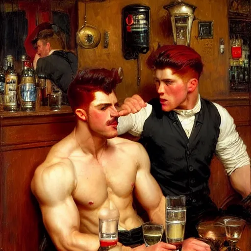 Image similar to attractive muscular male with red hair and muscular attractive male with black hair, drinking their hearts out, in a pub. very defined and highly detailed painting by j. c. leyendecker, gaston bussiere, craig mullins 8 k