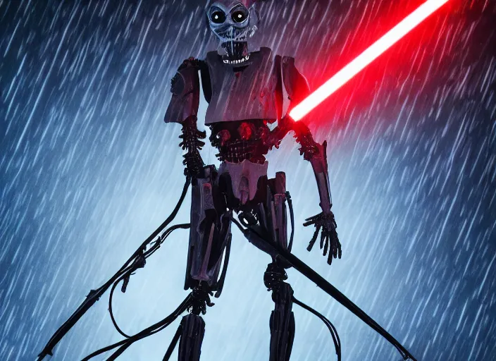 Prompt: portrait photo of general grievous with arms holding 4 activated red lightsabers in the rain. cyberpunk horror style.