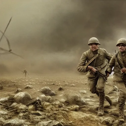 Image similar to highly detailed ultra realistic world war 1 soldiers running through destroyed landscape, HR Giger, muted colors. 4k