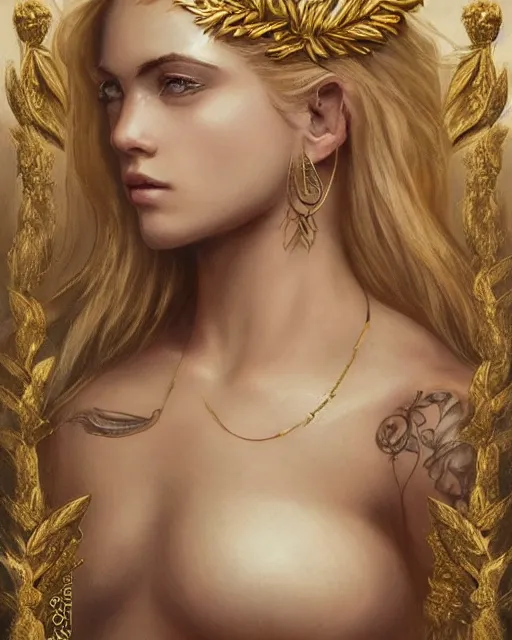 Image similar to tattoo design sketch of cute beautiful blonde super model as aphrodite greek goddess wearing a gold laurel wreath and triangle earrings, beautiful piercing gaze with sharp pupils, in the style of greg rutkowski, fantasy, amazing detail, epic, elegant, smooth, sharp focus, front view