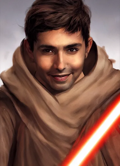 Image similar to a brown haired young eastern man with stubble, short hair, wearing brown jedi robes, smiling, close up, portrait style, star wars atmosphere, photographic print, artgerm, hyper - realistic