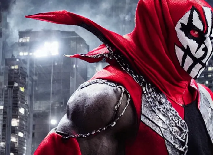 Image similar to film still of michael b jordan as spawn in the new spawn movie, giant chains, large cape, 8 k