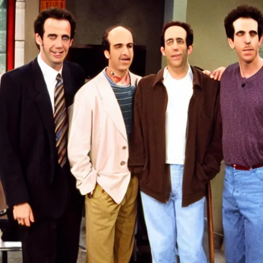 Prompt: thomas middleditch standing with kramer, jerry seinfeld, and george costanza on the set of the tv show seinfeld