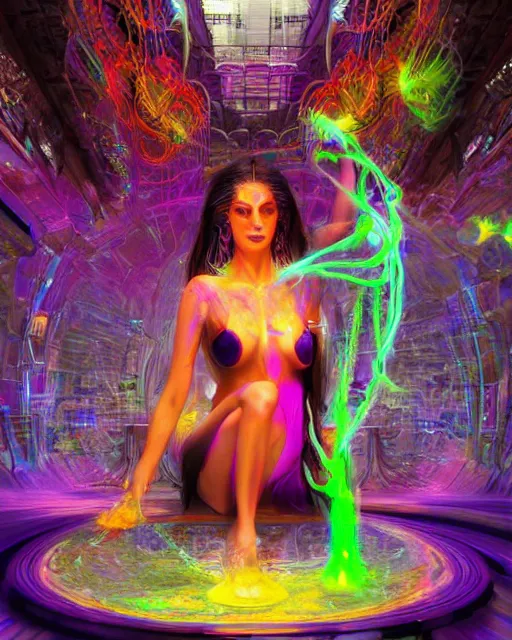 Image similar to a powerful energy psychedelic matrix sorceress, by alexander fedosav, hyper detailed digital matte painting, concept art, hyperrealism, 1 6 k resolution, cinema 4 d, 8 k resolution, trending on artstation, behance hd, a masterpiece, by stephan martiniere, particles, cel - shaded, power bright neon energy, by david a. hardy,