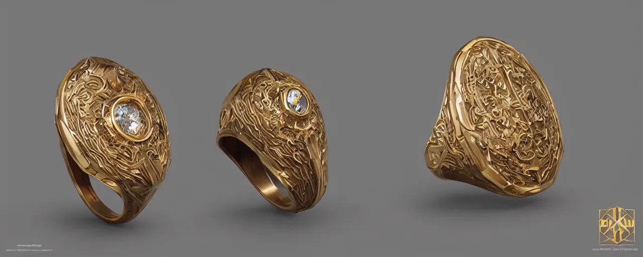 Image similar to simple ring with a shield ornament, ring, wood, gold, smooth shank, crystals, engravings, product design, jewelry, art by gerald brom, greg rutkowski and artgerm and james jean and zdzisław beksinski, 8 k, unreal engine, c 4 d