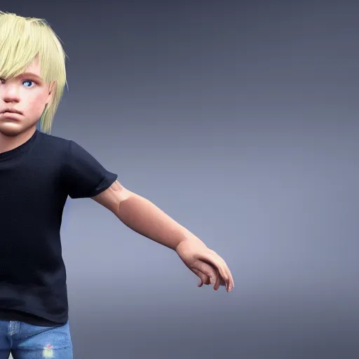 Prompt: a detailed full body image of boy with blonde hair and blue eyes wearing a black tshirt, unreal engine 5 rendered, incredibly highly detailed and realistic, 8 k, sharp focus, studio quality