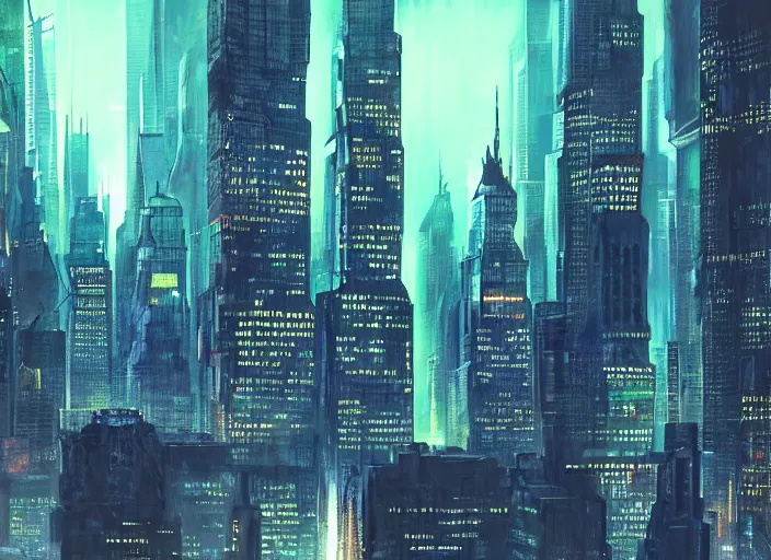 Image similar to cyberpunk scifi scene of new york skyline at night, artstation, matt painting, very detailed, maximalism, ambient occlusion, volumetric light, atmospheric haze, unreal engine, hyper realism, realistic shading, cinematic composition, realistic render, greenish tint, octane render, detailed textures, photorealistic, wide shot