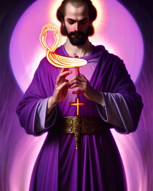 Prompt: portrait of saint germain, he is holding the violet purple indigo flame, completely violet colored, intricate, elegant, highly detailed, digital painting, artstation, concept art, smooth, sharp focus, illustration, art by artgerm and greg rutkowski and fra angelico and alphons mucha