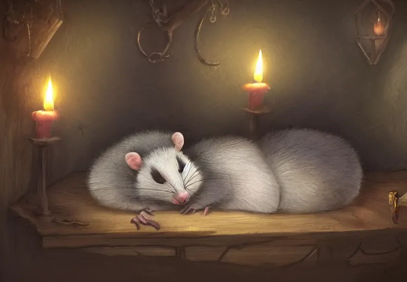 Image similar to cute possum sleeping inside a bed in a dark medieval cluttered cottage at night under the dim light of a candle, dark fantasy, dreaming illusion, trending on artstation