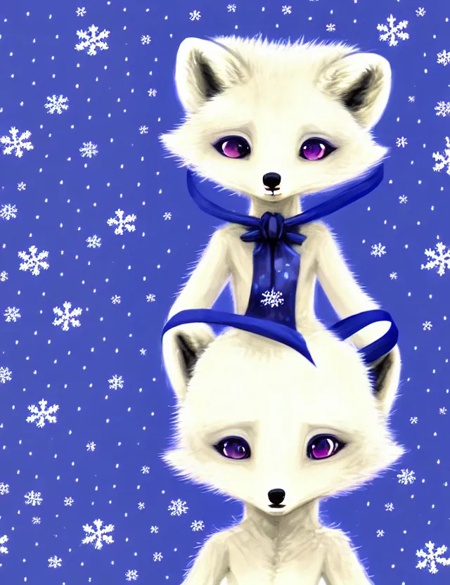 Prompt: a cute anthropomorphic arctic fox girl anthro wearing an indigo ribbon, winter park background, very anime!!! kawaii!! furry!! intricate details, aesthetically complementary colors, scenic background, art by rising artists with a radically new style. trending on artstation, top rated on pixiv and furaffinity