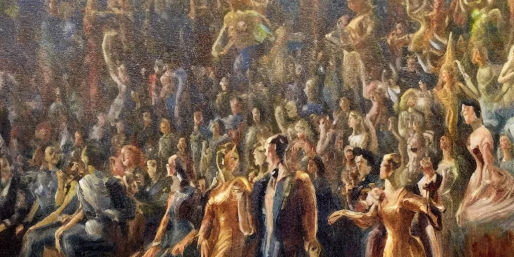 Image similar to an audience full of tall terrifying aliens at the ballet. In the victorian era. in the style of an impressionist painting.