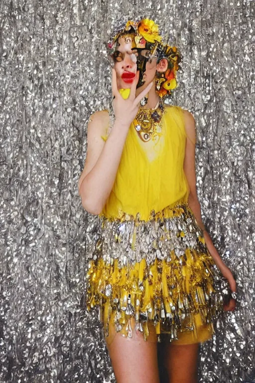 Image similar to light bohemian pinterest sofia coppola floral fantasy fashion zine photography, teen magical girl girl styled in a yellow and silver patterned bright dress layers geometric festival face paint and ornate crystal chain jewelry headpiece, elaborate enchanted ritual scene, wide shot