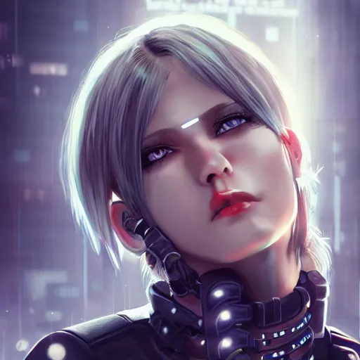 Image similar to realistic female character cyberpunk wearing technological collar around neck, realistic, art, beautiful, 4K, collar, choker, collar around neck, punk, artstation, detailed, female, woman, choker, dark,