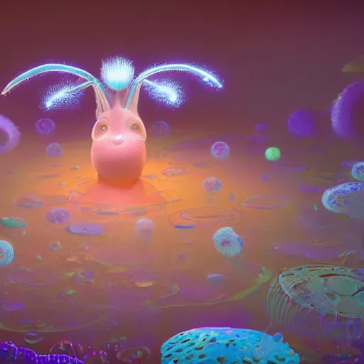 Prompt: tiny hades, expressive eyes, floating, rbc, radiolaria, bunny, protophyta, micro - organisms, center frame, symmetric, rim light, marine microbiology, bioluminescence, electric, fur, soft, concept art, intricate details, highly detailed, colorful, photorealistic, disney pixar, octane render, iridescent, anime