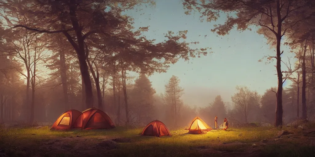 Image similar to looking out a window to see two women camping, elegant scene, low angle, wide angle, indian forest, wide angle, cinematic, ultrarealistic, trending on artstation, cgsociety, highly detailed, color graded, rendered in unreal engine 4 k hq, matte painting, by simon stalenhag and hudson river school, horizon forbidden west