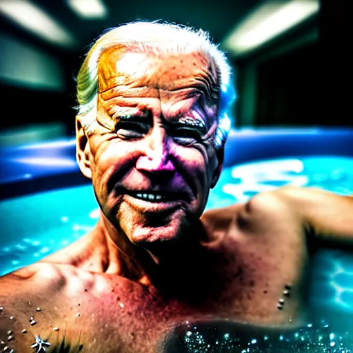 Prompt: Joe Biden in a hot tub on Mars, grungy, unkept hair, glowing eyes, modelsociety, radiant skin, huge anime eyes, RTX on, perfect face, directed gaze, intricate, Sony a7R IV, symmetric balance, polarizing filter, Photolab, Lightroom, 4K, Dolby Vision, Photography Award