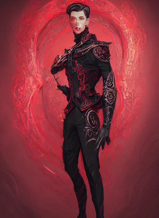 Prompt: a highly detailed illustration of short wavy haired man wearing masquerade and red and black suit, dramatic standing pose, intricate, elegant, highly detailed, centered, digital painting, artstation, concept art, smooth, sharp focus, league of legends concept art, wlop