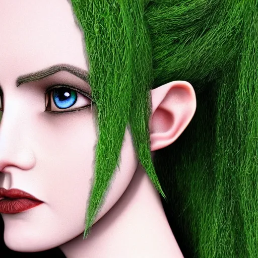 Prompt: salix babylonica tree leaves as hair, female elf with green skin with hair made from leaves from weeping willow tree, elf smiling, fantasy, cgi, detailed eyes, in style of lord of the rings