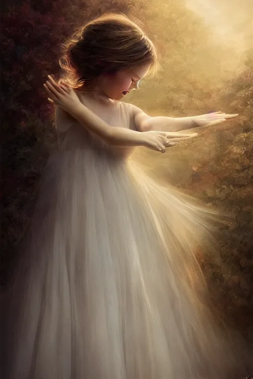 Prompt: little girl dancing in the wind, beautiful face, ethereal, bride, beautiful wedding dress, gorgeous, volumetric lighting, elegant, fluid, very very highly detailed, digital painting, concept art, illustration, limited color palette, atmosphere and tension, art by greg olsen and liz lemon swindle