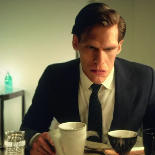 Image similar to Live Action Still of Jerma in American Psycho, real life, hyperrealistic, ultra realistic, realistic, highly detailed, epic, HD quality, 8k resolution, body and headshot, film still