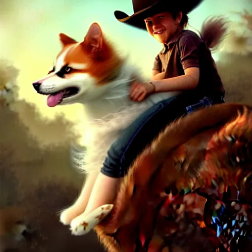 Prompt: fluffy cat in cowboy hat like a tiny girl riding on the back of a giant corgi by greg rutkowski