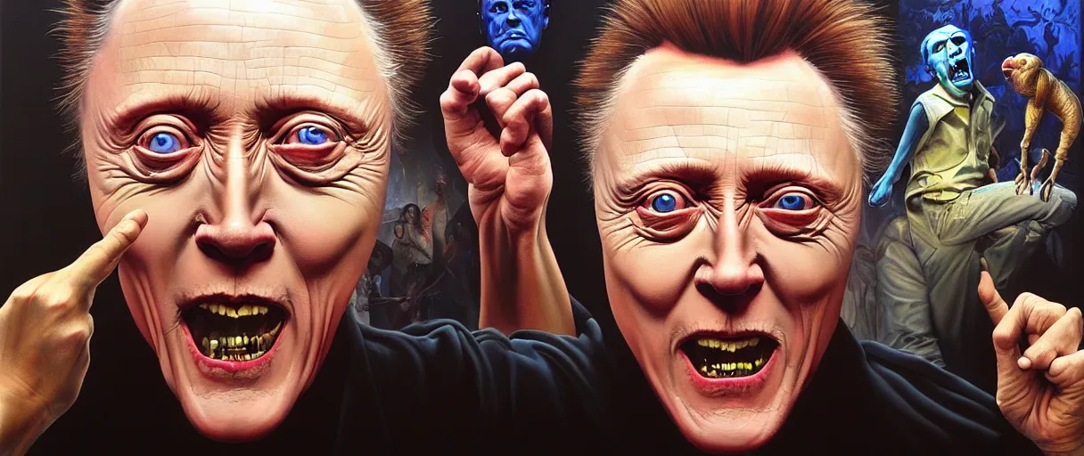 Image similar to hyperrealist painting of young christopher walken pointing and laughing at me concept art wayne barlowe hannah yata very dramatic lighting 8k wide angle shallow depth of field