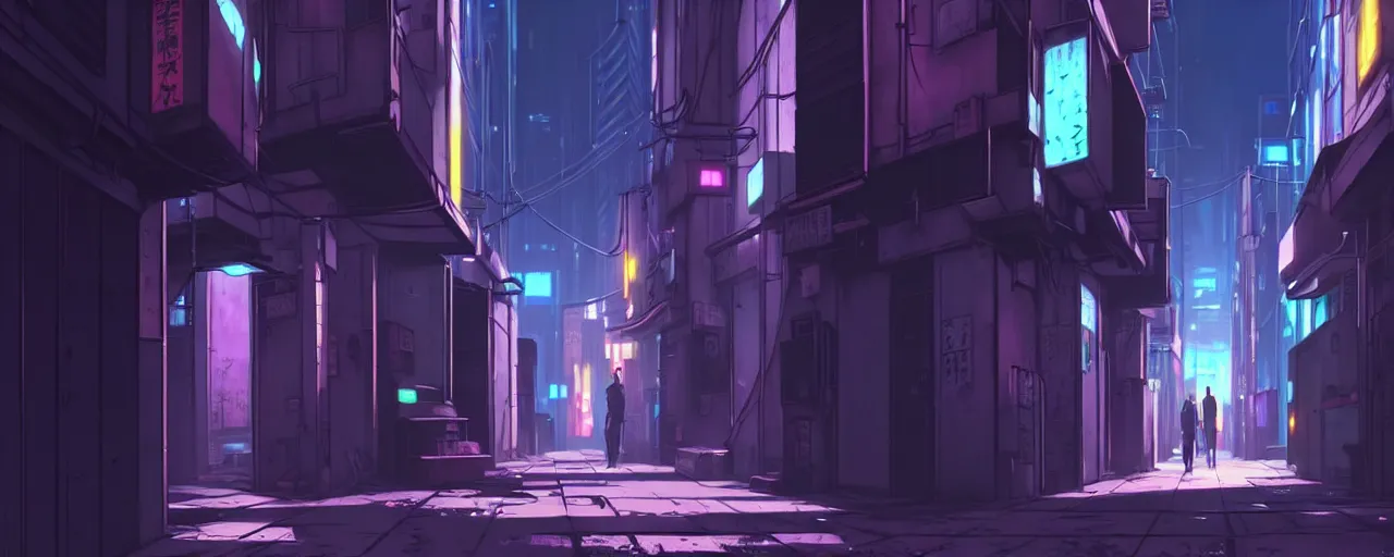 Image similar to a close up of a city alleyway in the atmospheric cyberpunk anime film, gouache matte background painting, neon noir, at night with lights, by makoto shinkai, in the anime series ergo proxy, beautiful specular edge highlights and rim lighting