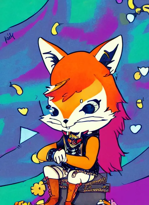 Prompt: A vintage painted illustration of an adorable chibi male rogue fox anime guy in the style of Lisa Frank Babs Tarr Hantine Hsu sitting in a couture leather and spike vest that has skulls on it