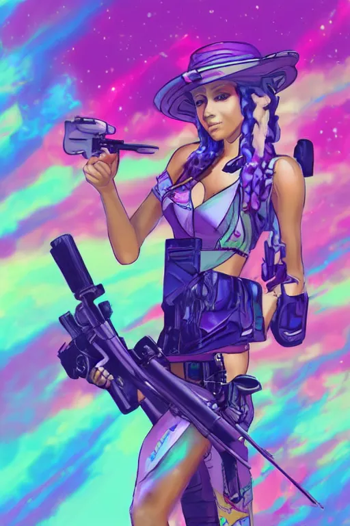 Image similar to Concept art of a beautiful space cowgirl holding a rifle. Vaporwave