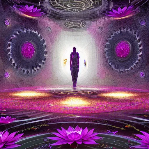Image similar to a detailed picture of the elevator to hell surrounded by a field of black lotus flowers with petals in a fibonacci sequence, in the style of magic the gathering, highly detailed, digital painting, god rays, volumetric lighting, octane render, 4 k resolution, art by adam paquette and johann bodin and jason rainville