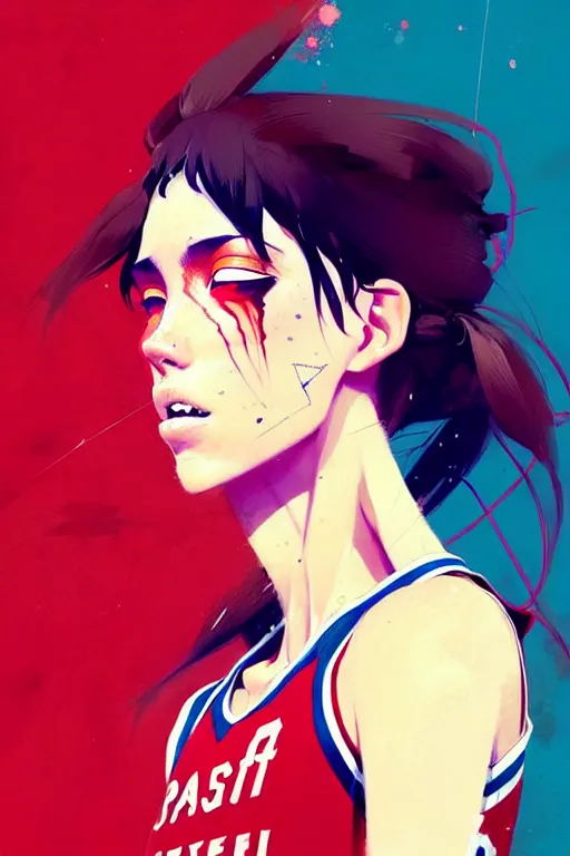 Image similar to a ultradetailed beautiful panting of a stylish girl in a basketball jersey, by conrad roset, greg rutkowski and makoto shinkai, trending on artstation