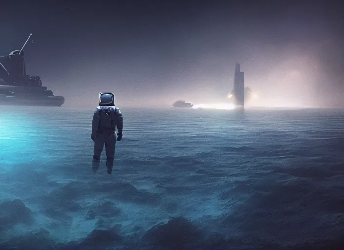 Image similar to astronaut holding a flag in an underwater desert. a submarine is visible in the distance. dark, concept art, cinematic, dramatic, atmospheric, 8 k, trending on artstation, blue, fish, low visibility, fog, ocean floor, christopher nolan, interstellar