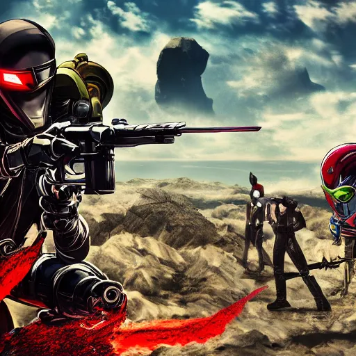 Prompt: vibrant color robotic high fantasy gunslinger themed Kamen Rider stand off with villains in a quarry during daytime, 4k, concept art, illustration, anime still frame, tokusatsu,