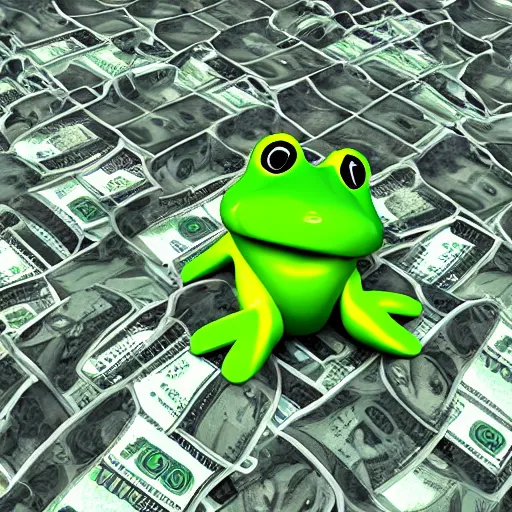 Image similar to A girl in a frog costume is drowning in money real render