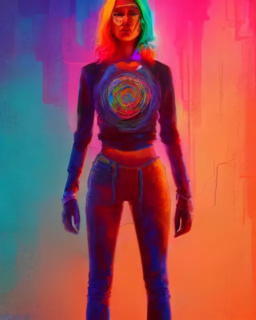 Prompt: colorful full body portrait of a hippie, set in the future 2 1 5 0 | highly detailed | very intricate | symmetrical | professional model | cinematic lighting | award - winning | painted by mandy jurgens | pan futurism, dystopian, bold colors, cyberpunk, groovy vibe, anime aesthestic | featured on artstation