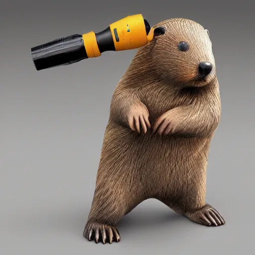 Prompt: soviet russian beaver holding a drill hyper realistic