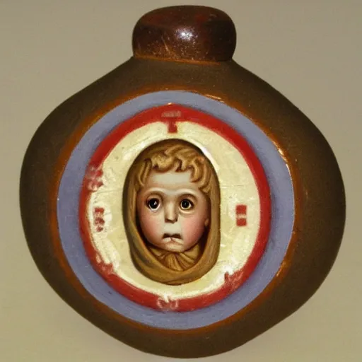 Image similar to holy roman chalkware baby Jesus antique painted sacred Catholic pearlescent coloring