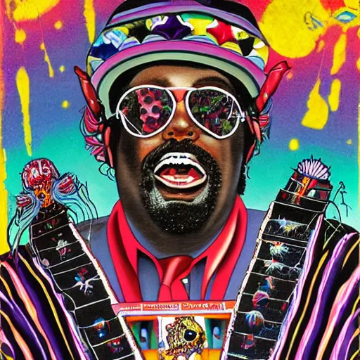 Image similar to artwork of pedro bell, parliament, funkadelic, george clinton, bootsy collins, the mothership, chocolate city