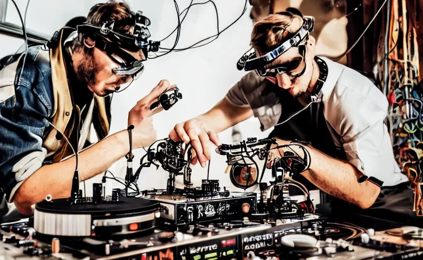 Prompt: a person wearing goggles and visor and headphones using a steampunk record player contraption, wires and tubes, turntablism dj scratching, intricate planetary gears, complex, cinematix, imax, sharp focus