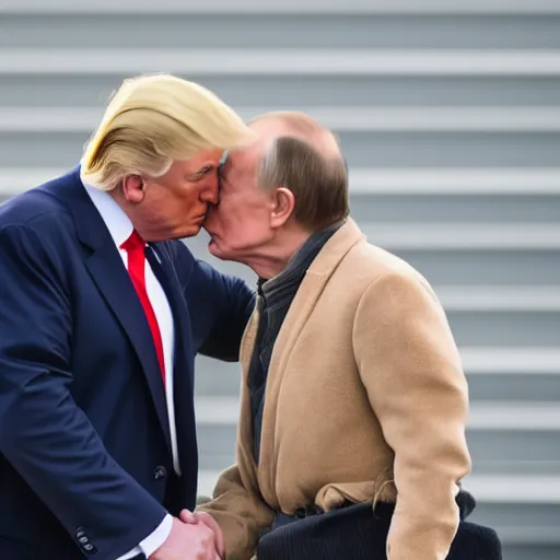 Image similar to telephoto candid cropped photo of trump kissing putin, zeiss 1 5 0 mm