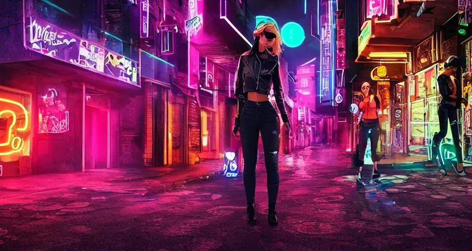 Image similar to A woman wearing LED headphones, a leather jacket, crop top and jeans checking her phone on a neon-lit cyberpunk city street, digital art