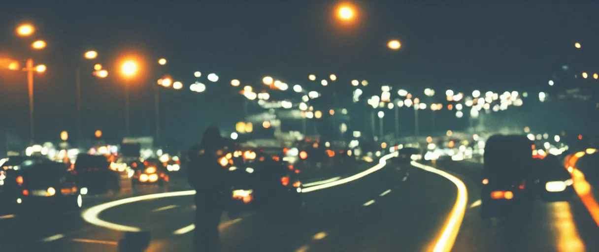 Image similar to nighttime on a Highway, Closeup of a man and a woman hugging, the cars are rushing past them. they are illuminated by the lights, kodak portra, grainy, triadic color scheme