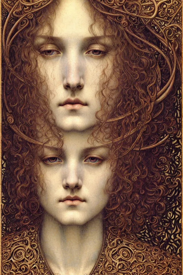 Image similar to detailed realistic beautiful young medieval queen face portrait by jean delville, gustave dore and marco mazzoni, art nouveau, symbolist, visionary, gothic, pre - raphaelite. horizontal symmetry